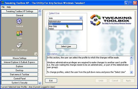 Tweaking Toolbox XP User Selection