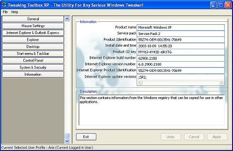 Tweaking Toolbox XP showing aditional information obtained from the registry