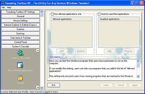Tweaking Toolbox XP will restrict or allow certain applications to be run on the system