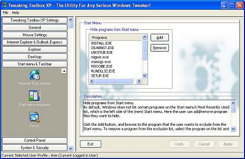 Changing the Start Menu with Tweaking Toolbox XP